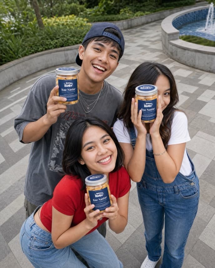 Tiga teman tersenyum di luar ruangan, masing-masing memegang toples Kue Nastar Naomi's Bites